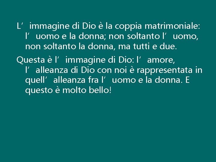 L’immagine di Dio è la coppia matrimoniale: l’uomo e la donna; non soltanto l’uomo,