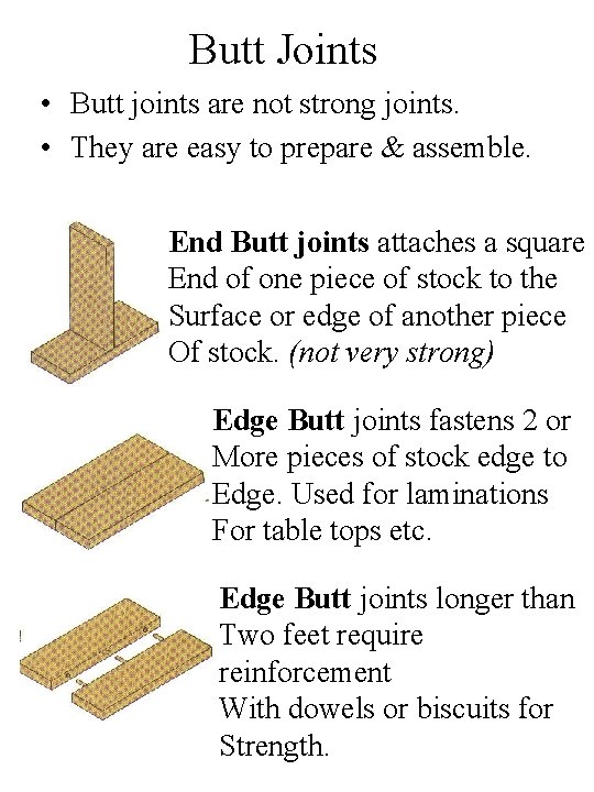 Butt Joints • Butt joints are not strong joints. • They are easy to