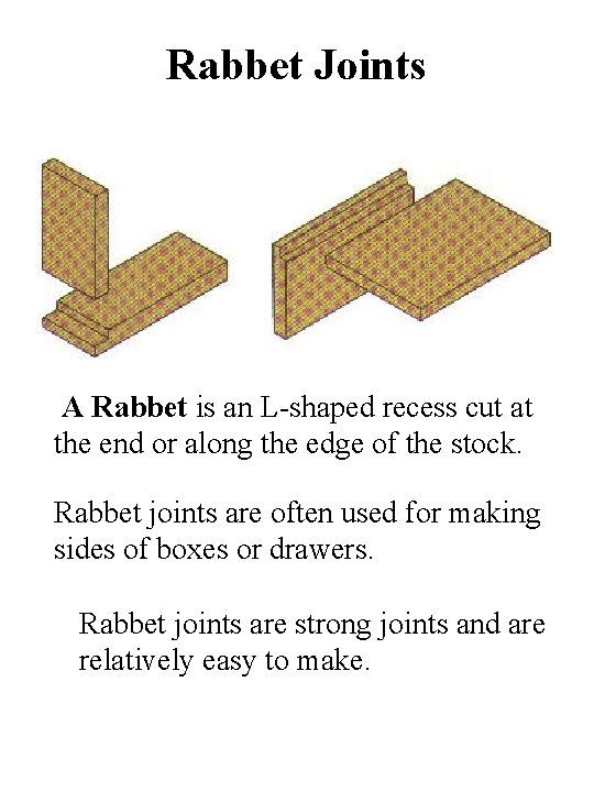 Rabbet Joints A Rabbet is an L-shaped recess cut at the end or along