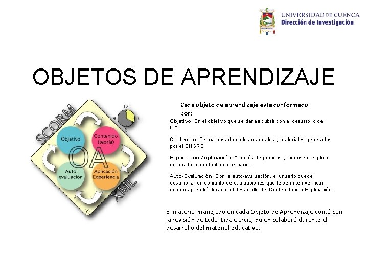 OBJETOS DE APRENDIZAJE Cada objeto de aprendizaje está conformado por: Objetivo: Es el objetivo OBJETOS DE APRENDIZAJE Cada objeto de aprendizaje está conformado por: Objetivo: Es el objetivo
