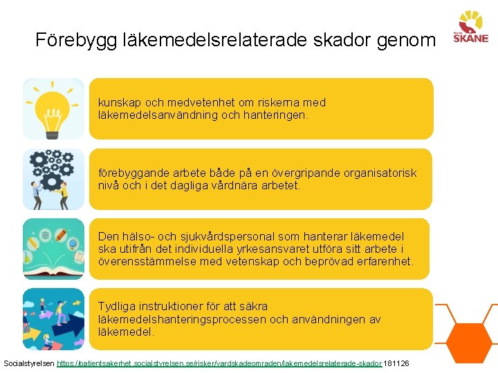 Förebygg läkemedelsrelaterade skador genom kunskap och medvetenhet om riskerna med läkemedelsanvändning och hanteringen. förebyggande