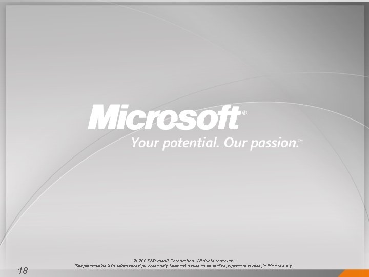 © 2007 Microsoft Corporation. All rights reserved. 18 This presentation is for informational purposes