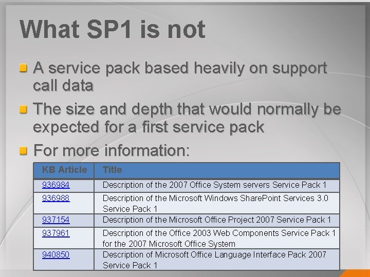 What SP 1 is not A service pack based heavily on support call data