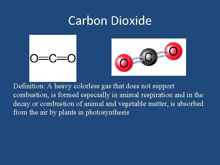 Carbon Dioxide Definition: A heavy colorless gas that does not support combustion, is formed