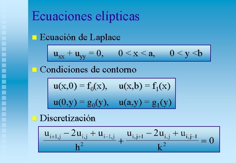 Ecuaciones elípticas n n Ecuación de Laplace uxx + uyy = 0, 0 <