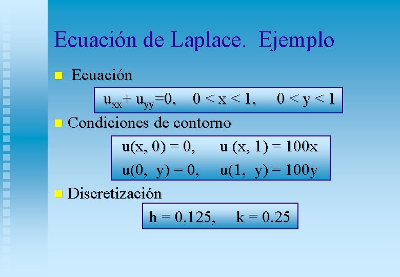 Ecuación de Laplace. Ejemplo Ecuación uxx+ uyy=0, 0 < x < 1, 0 <