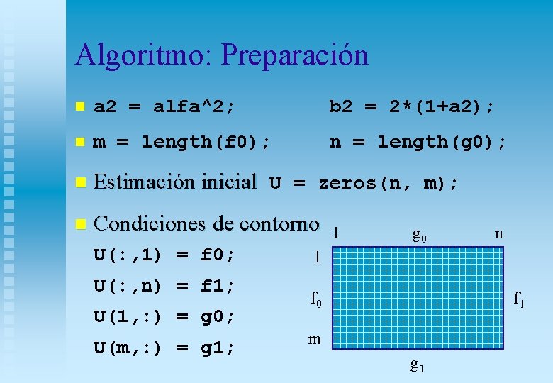 Algoritmo: Preparación n a 2 = alfa^2; b 2 = 2*(1+a 2); n m