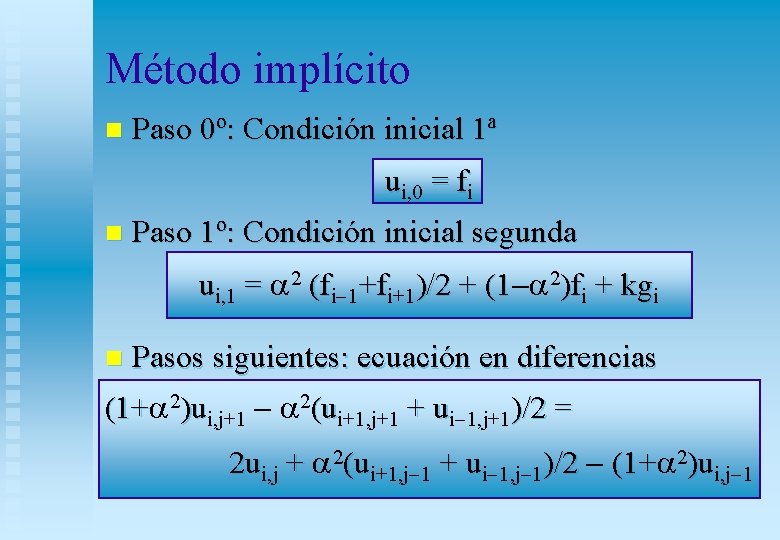 Método implícito n Paso 0º: Condición inicial 1ª ui, 0 = fi n Paso Método implícito n Paso 0º: Condición inicial 1ª ui, 0 = fi n Paso