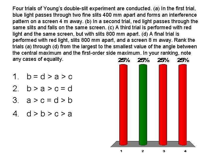 Four trials of Young’s double-slit experiment are conducted. (a) In the first trial, blue