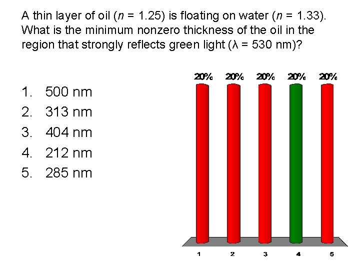 A thin layer of oil (n = 1. 25) is floating on water (n
