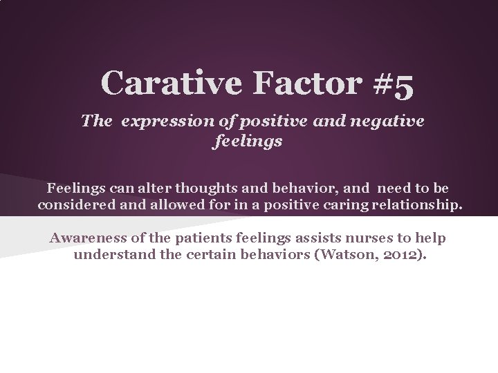 Carative Factor #5 The expression of positive and negative feelings Feelings can alter thoughts