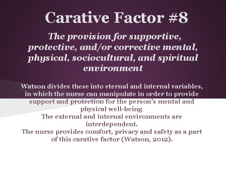 Carative Factor #8 The provision for supportive, protective, and/or corrective mental, physical, sociocultural, and