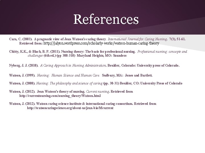 References Cara, C. (2003). A pragmatic view of Jean Watson's caring theory. International Journal