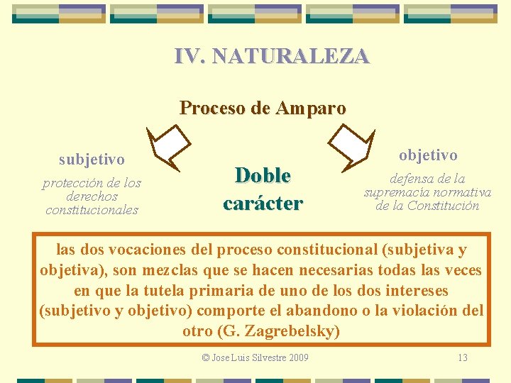 IV. NATURALEZA Proceso de Amparo subjetivo protección de los derechos constitucionales Doble carácter objetivo