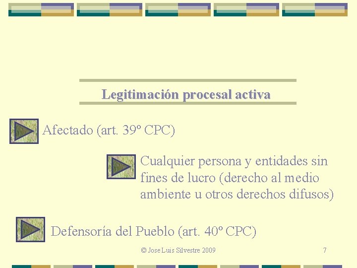Legitimación procesal activa Afectado (art. 39º CPC) Cualquier persona y entidades sin fines de