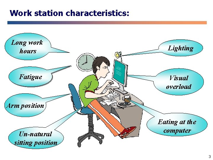 Work station characteristics: Long work hours Fatigue Lighting Visual overload Arm position Un-natural sitting