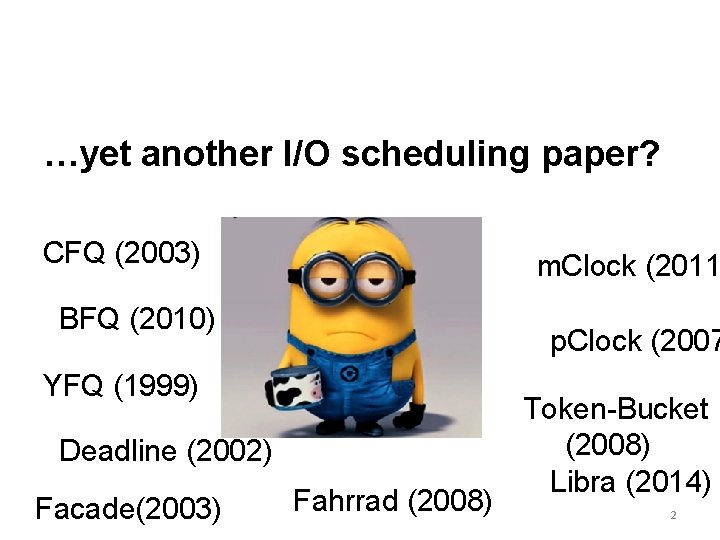 …yet another I/O scheduling paper? CFQ (2003) m. Clock (2011 BFQ (2010) p. Clock