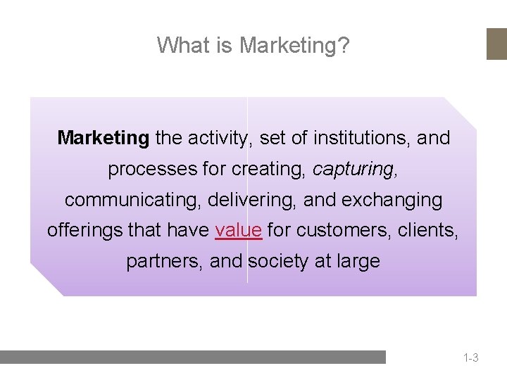 What is Marketing? Marketing the activity, set of institutions, and processes for creating, capturing,