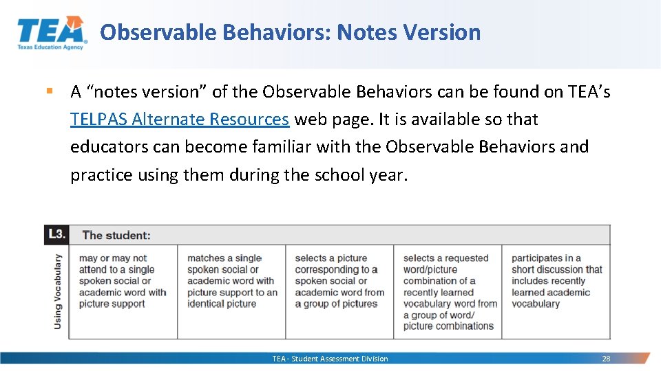 Observable Behaviors: Notes Version § A “notes version” of the Observable Behaviors can be