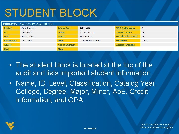 STUDENT BLOCK • The student block is located at the top of the audit