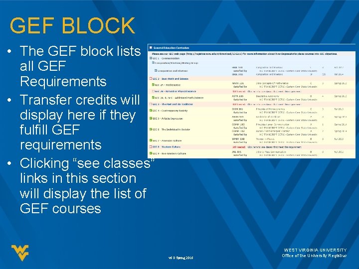 GEF BLOCK • The GEF block lists all GEF Requirements • Transfer credits will