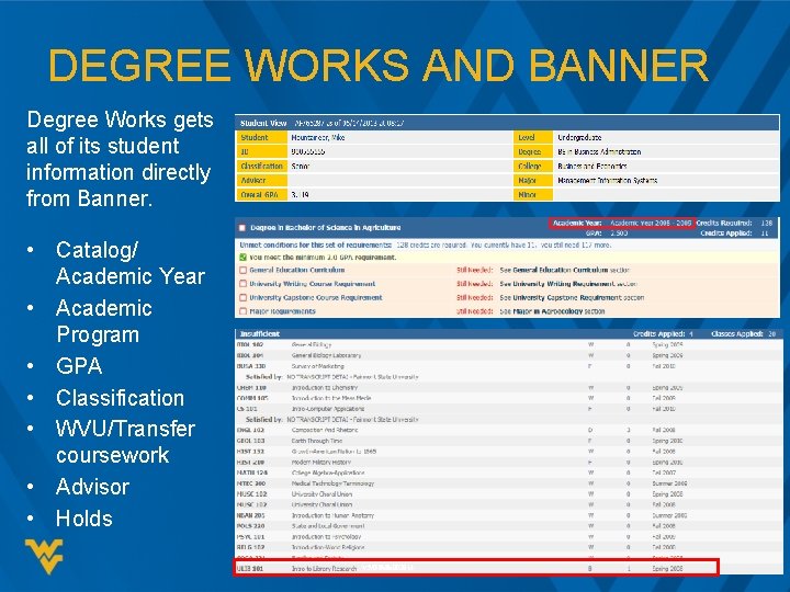 DEGREE WORKS AND BANNER Degree Works gets all of its student information directly from