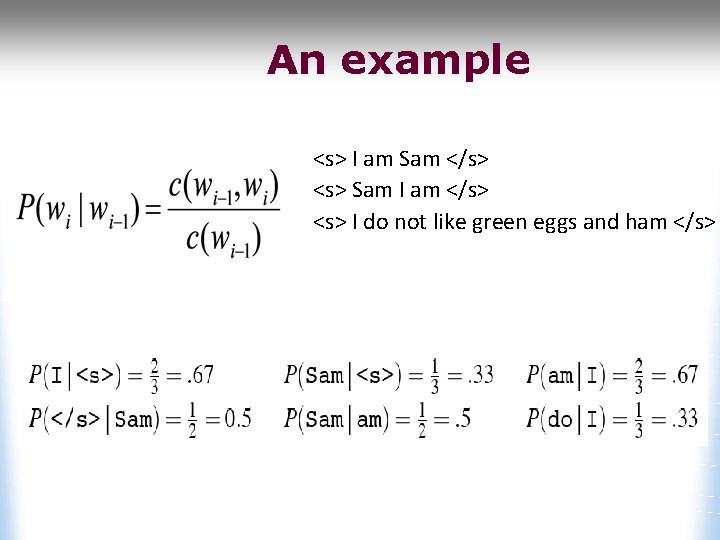 An example <s> I am Sam </s> <s> Sam I am </s> <s> I