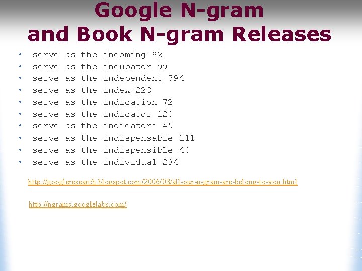 Google N-gram and Book N-gram Releases • • • serve serve serve as as