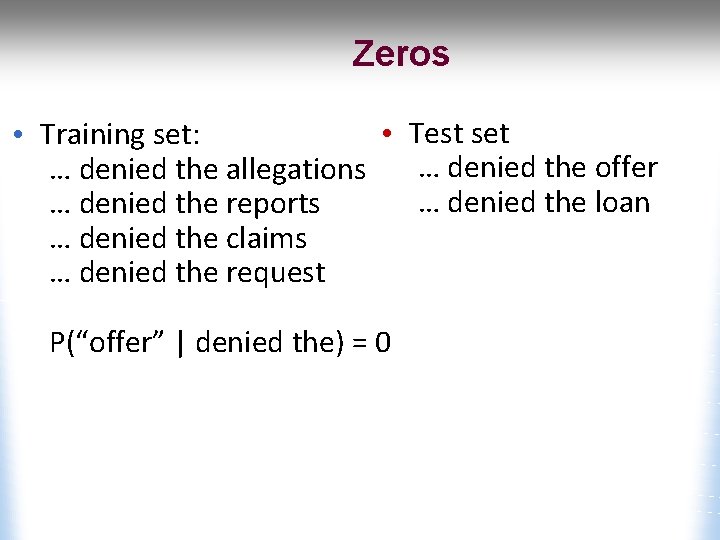 Zeros • Test set • Training set: … denied the offer … denied the