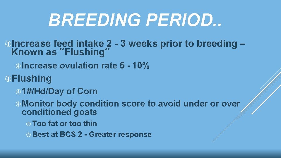 BREEDING PERIOD. . Increase feed intake 2 - 3 weeks prior to breeding –