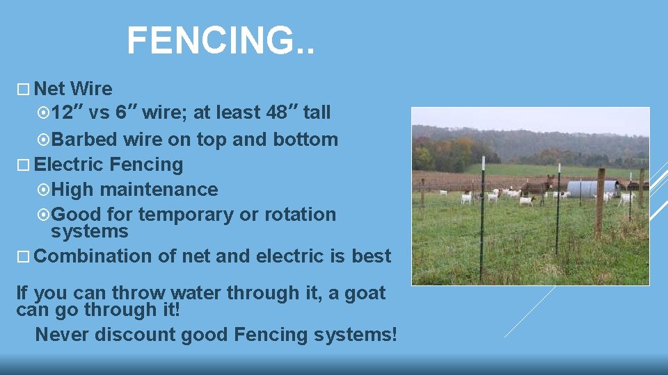 FENCING. . Net Wire 12” vs 6” wire; at least 48” tall Barbed wire