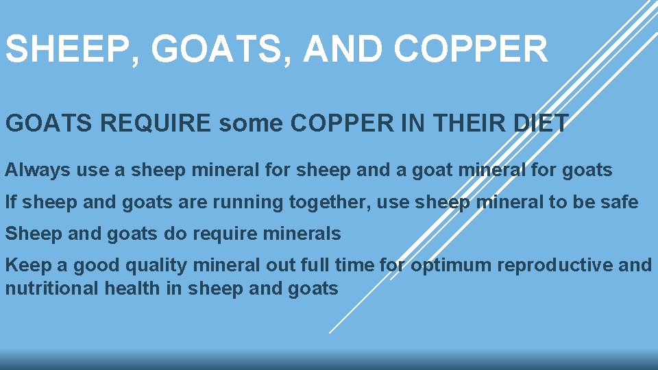 SHEEP, GOATS, AND COPPER GOATS REQUIRE some COPPER IN THEIR DIET Always use a