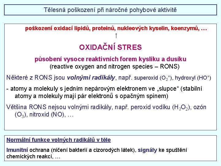 Tělesná poškození při náročné pohybové aktivitě poškození oxidací lipidů, proteinů, nukleových kyselin, koenzymů, … Tělesná poškození při náročné pohybové aktivitě poškození oxidací lipidů, proteinů, nukleových kyselin, koenzymů, …