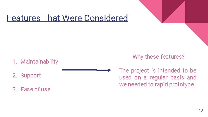 Features That Were Considered 1. Maintainability 2. Support 3. Ease of use Why these
