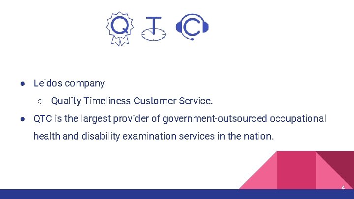 ● Leidos company ○ Quality Timeliness Customer Service. ● QTC is the largest provider