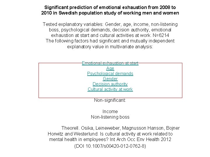 Significant prediction of emotional exhaustion from 2008 to 2010 in Swedish population study of