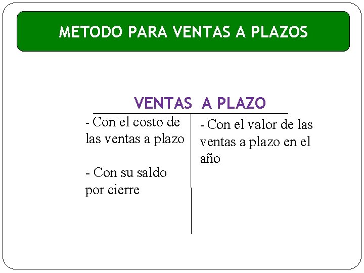 METODO PARA VENTAS A PLAZOS VENTAS A PLAZO - Con el costo de las