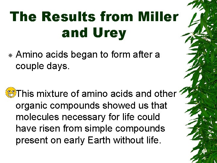 The Results from Miller and Urey Amino acids began to form after a couple