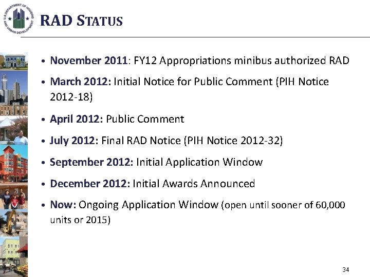 RAD STATUS • November 2011: FY 12 Appropriations minibus authorized RAD • March 2012:
