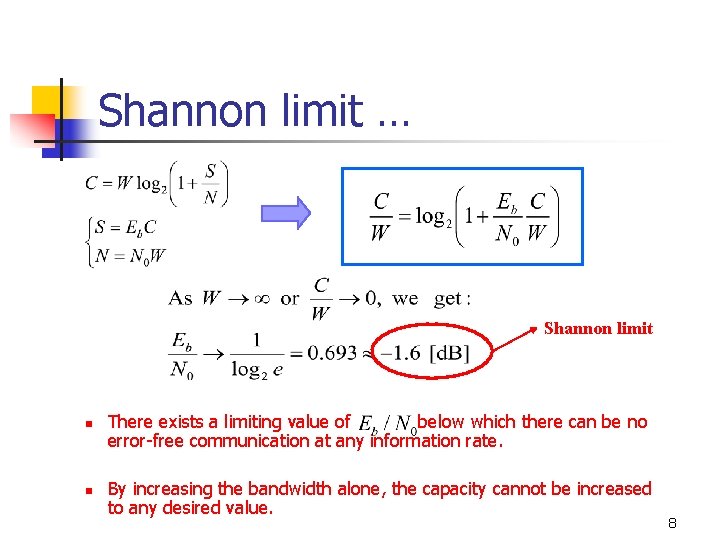 Shannon limit … Shannon limit n n There exists a limiting value of below