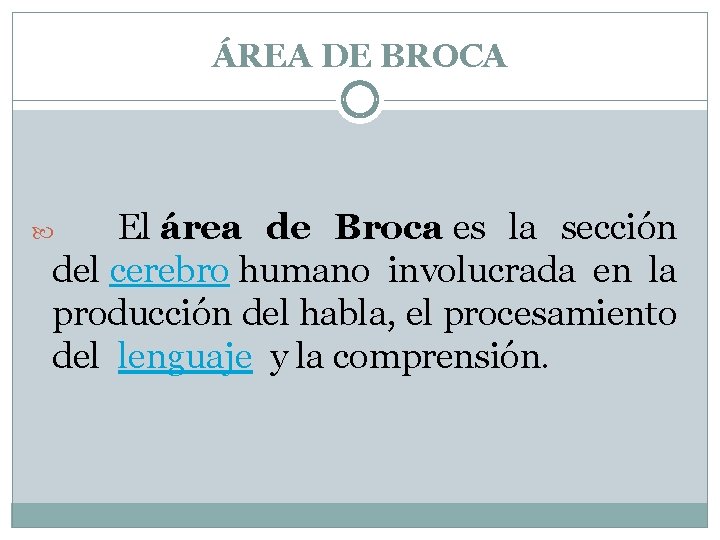 ÁREA DE BROCA El área de Broca es la sección del cerebro humano involucrada