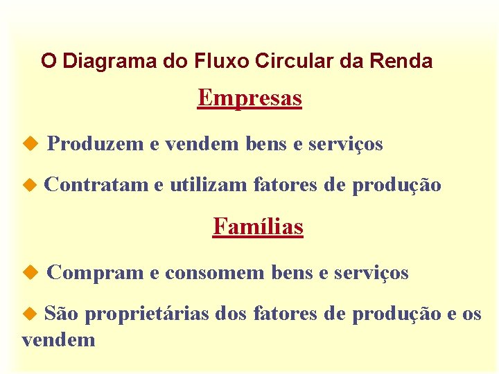 O Diagrama do Fluxo Circular da Renda Empresas u Produzem e vendem bens e