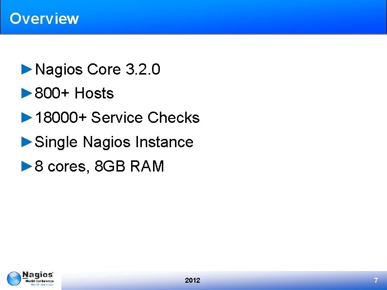 Overview ►Nagios Core 3. 2. 0 ► 800+ Hosts ► 18000+ Service Checks ►Single