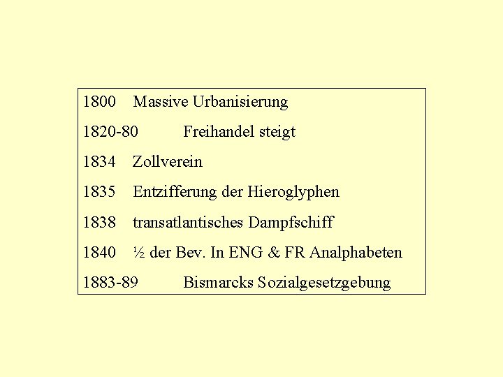 1800 Massive Urbanisierung 1820 -80 Freihandel steigt 1834 Zollverein 1835 Entzifferung der Hieroglyphen 1838