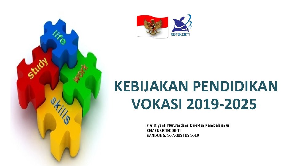 KEBIJAKAN PENDIDIKAN VOKASI 2019 -2025 Paristiyanti Nurwardani, Direktur Pembelajaran KEMENRISTEKDIKTI BANDUNG, 20 AGUSTUS 2019