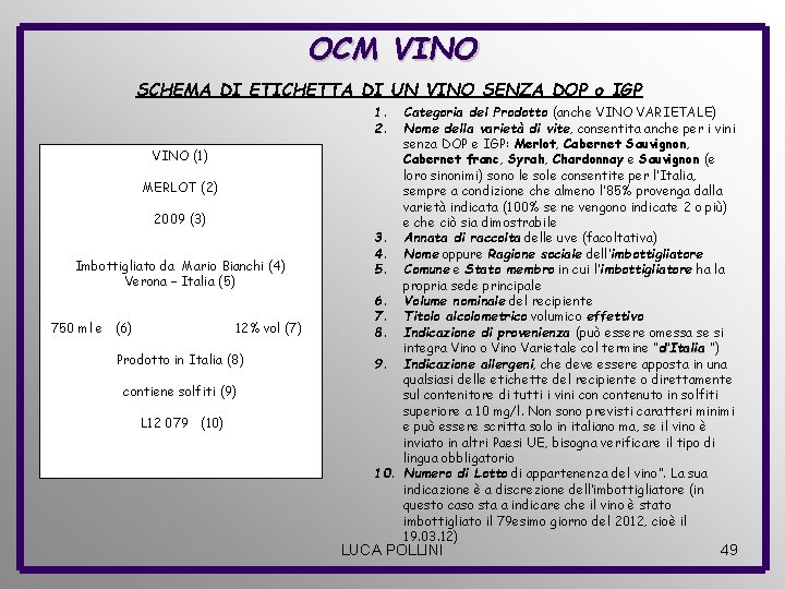 OCM VINO SCHEMA DI ETICHETTA DI UN VINO SENZA DOP o IGP 1. 2.