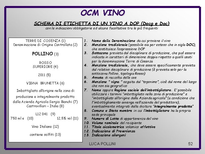 OCM VINO SCHEMA DI ETICHETTA DI UN VINO A DOP (Docg e Doc) con