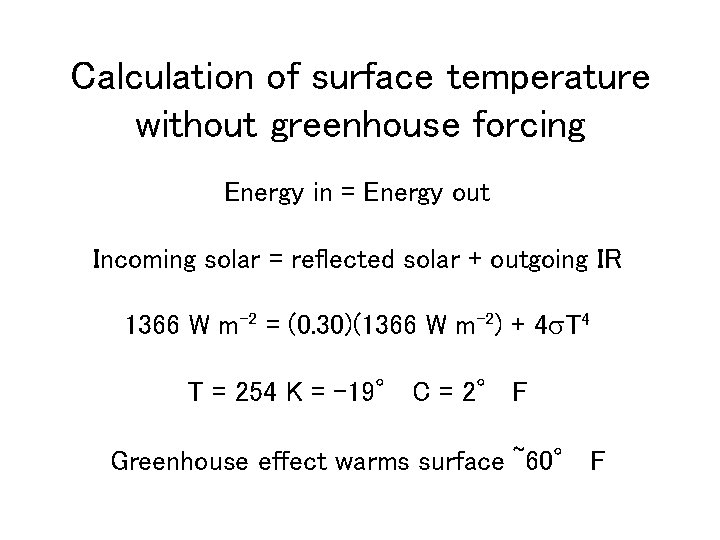 Calculation of surface temperature without greenhouse forcing Energy in = Energy out Incoming solar