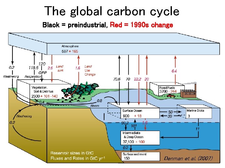 The global carbon cycle Black = preindustrial, Red = 1990 s change Denman et