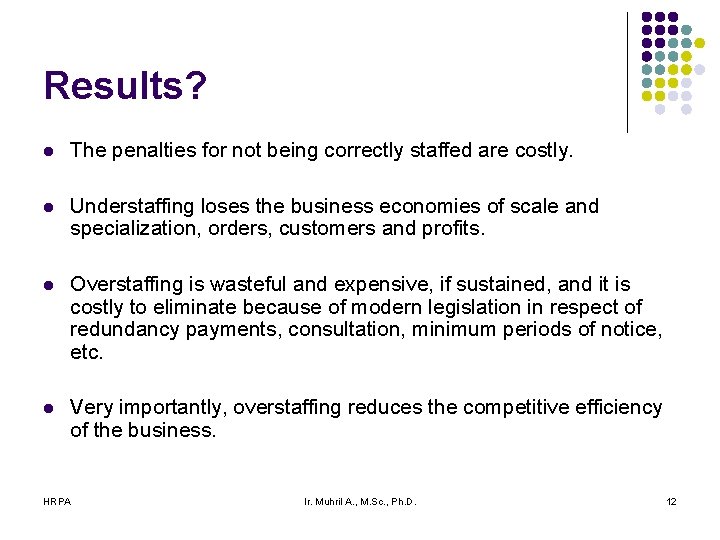 Results? l The penalties for not being correctly staffed are costly. l Understaffing loses